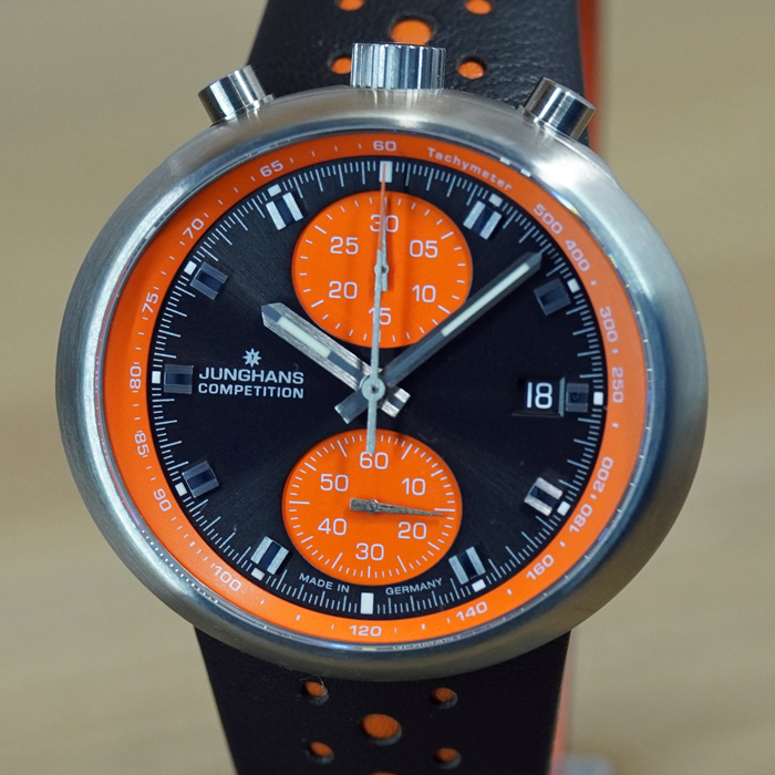 Junghans JUNGHANS 1972 Competition Automatic Watch Stainless Steel Case  Black Leather Strap Orange Detail